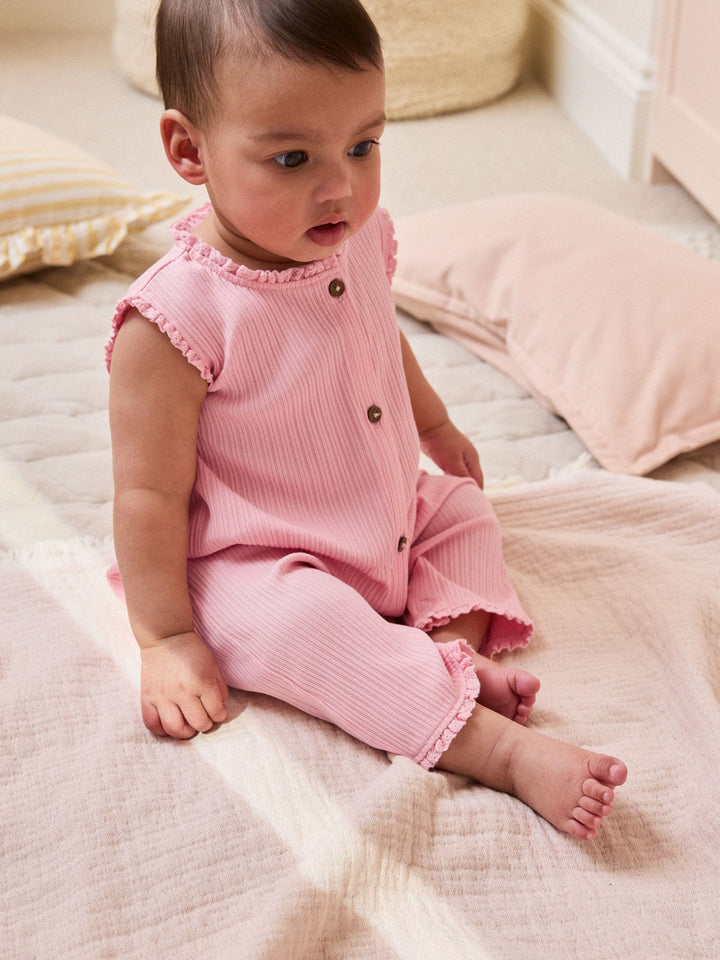 Pink Tonal Button Through Wide Leg Jersey Baby Rompers 3 Pack