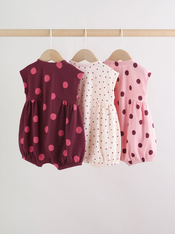 Pink Polka Dot Button Through Baby Rompers 3 Pack