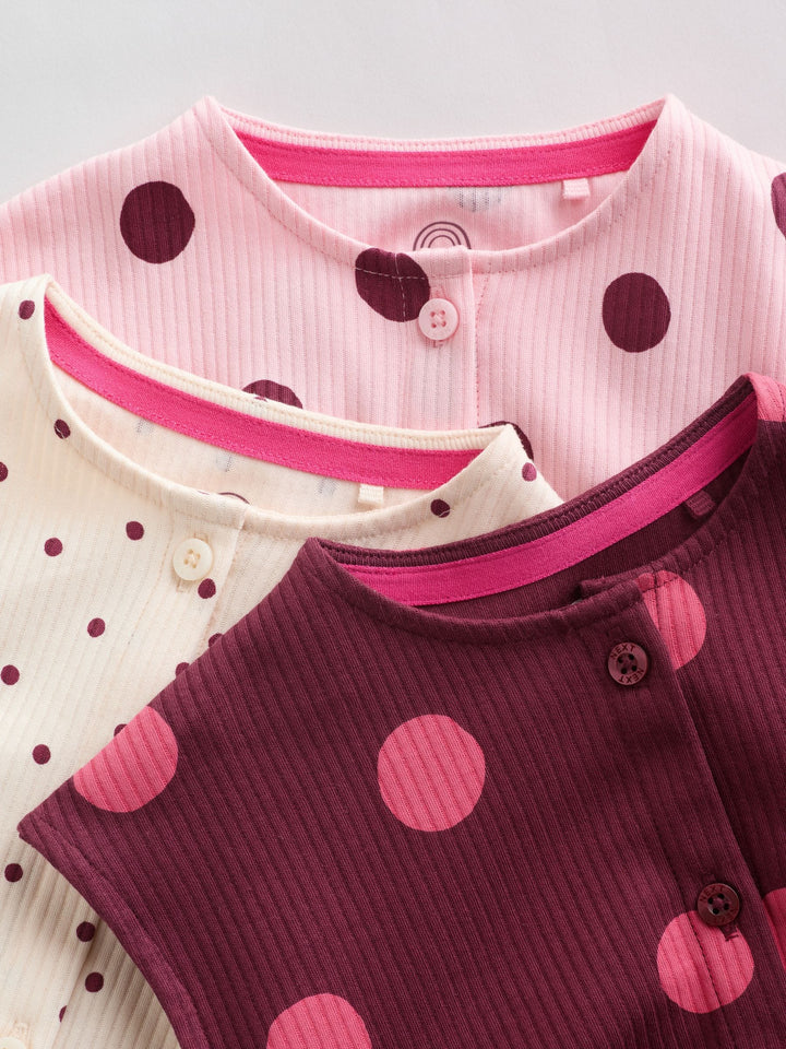 Pink Polka Dot Button Through Baby Rompers 3 Pack