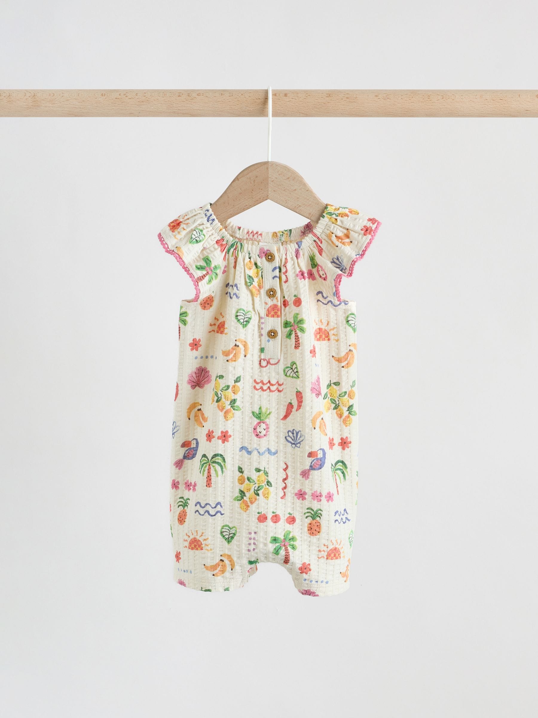 Natural/Coral Fruit Printed Textured Jersey Baby Rompers 2 Pack