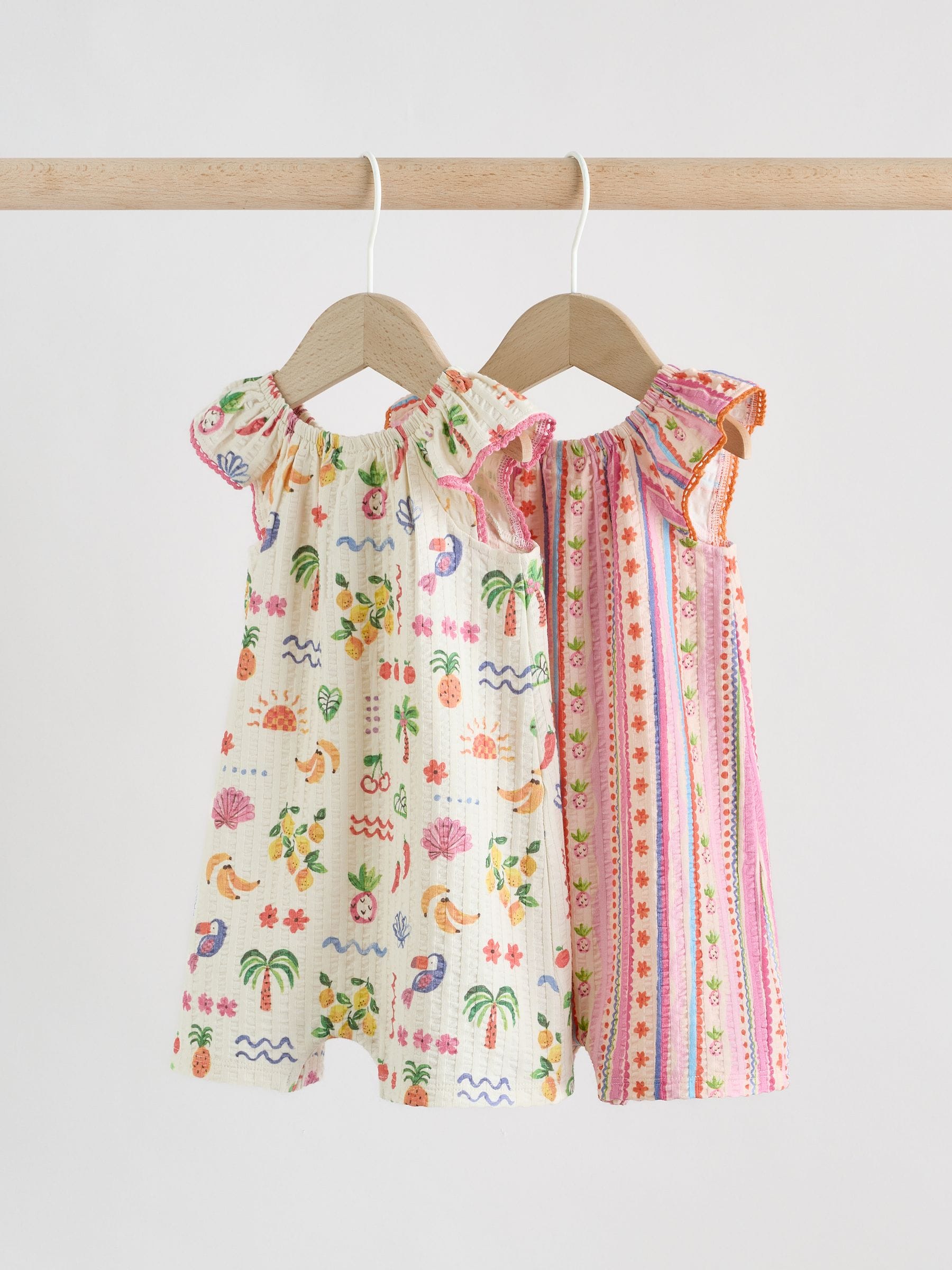 Natural/Coral Fruit Printed Textured Jersey Baby Rompers 2 Pack