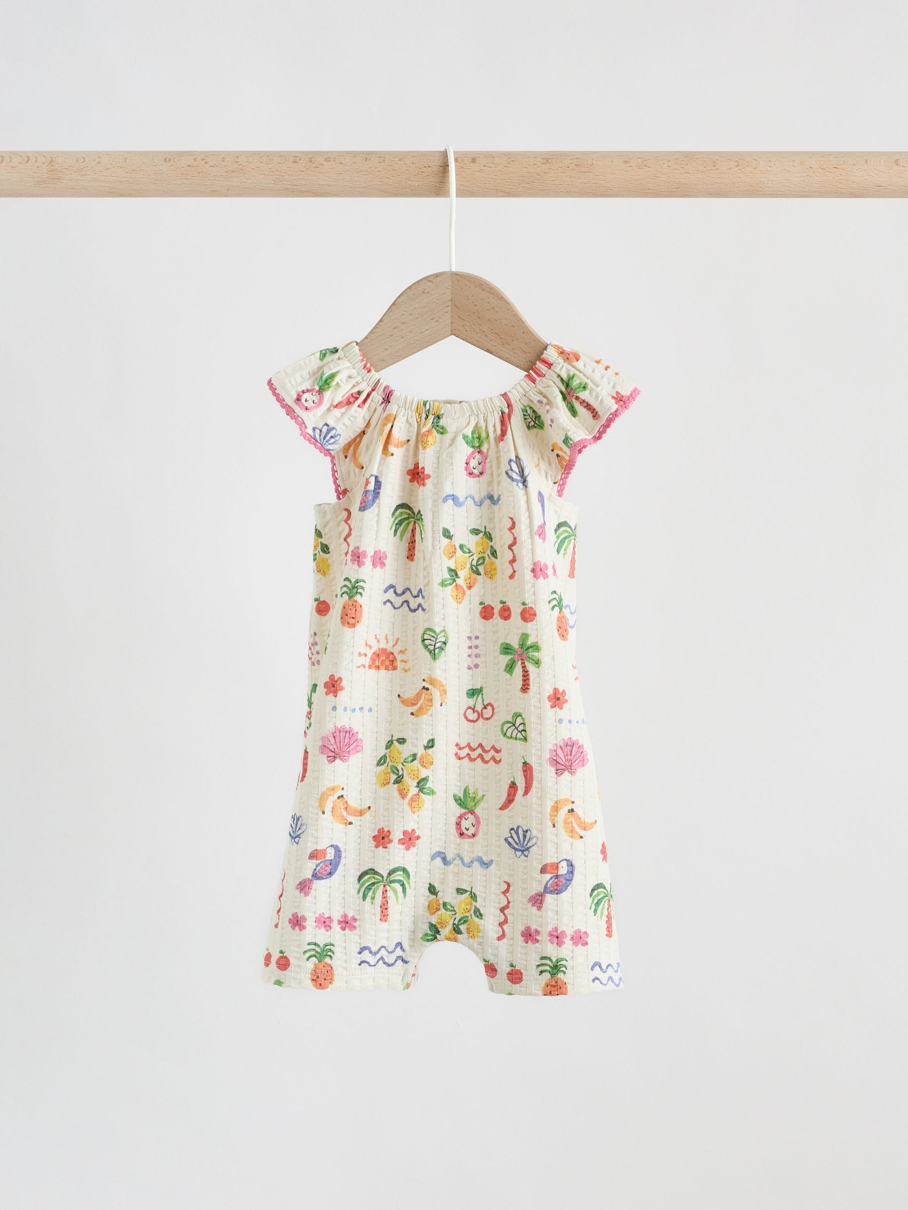 Natural/Coral Fruit Printed Textured Jersey Baby Rompers 2 Pack