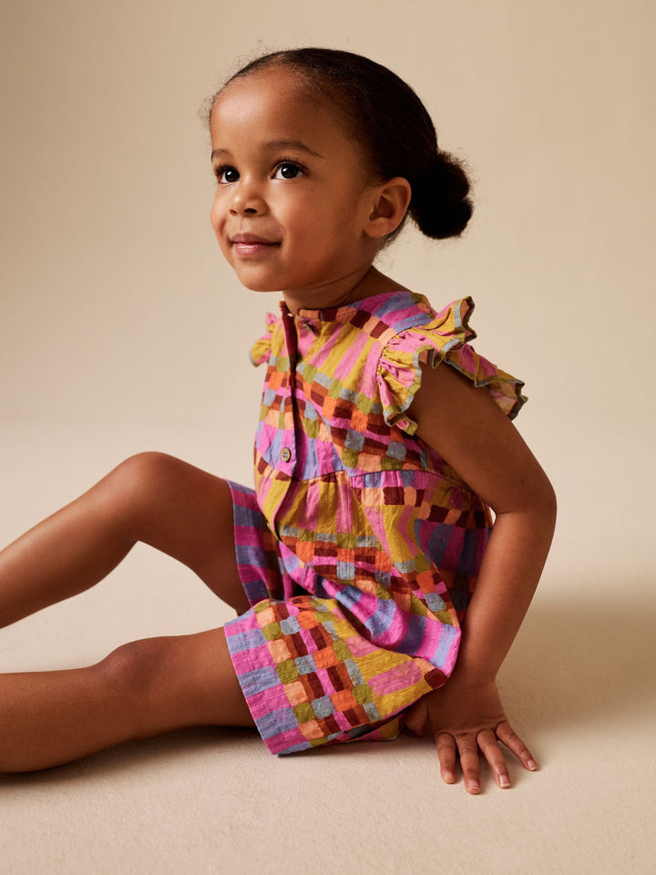 Multicoloured Check Flutter Sleeve Playsuit (3mths-7yrs)