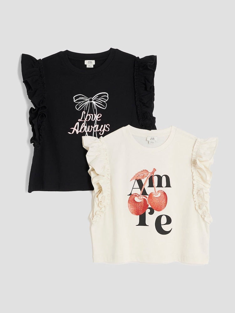 River Island Cream Girls Frill T-Shirts 2 Pack