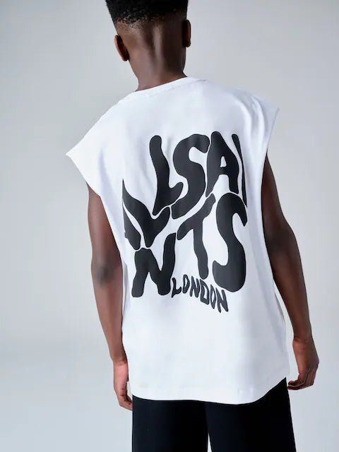 Boys smALLSAINTS White Orlando Logo Oversized Crew Neck Sleeveless T-Shirt