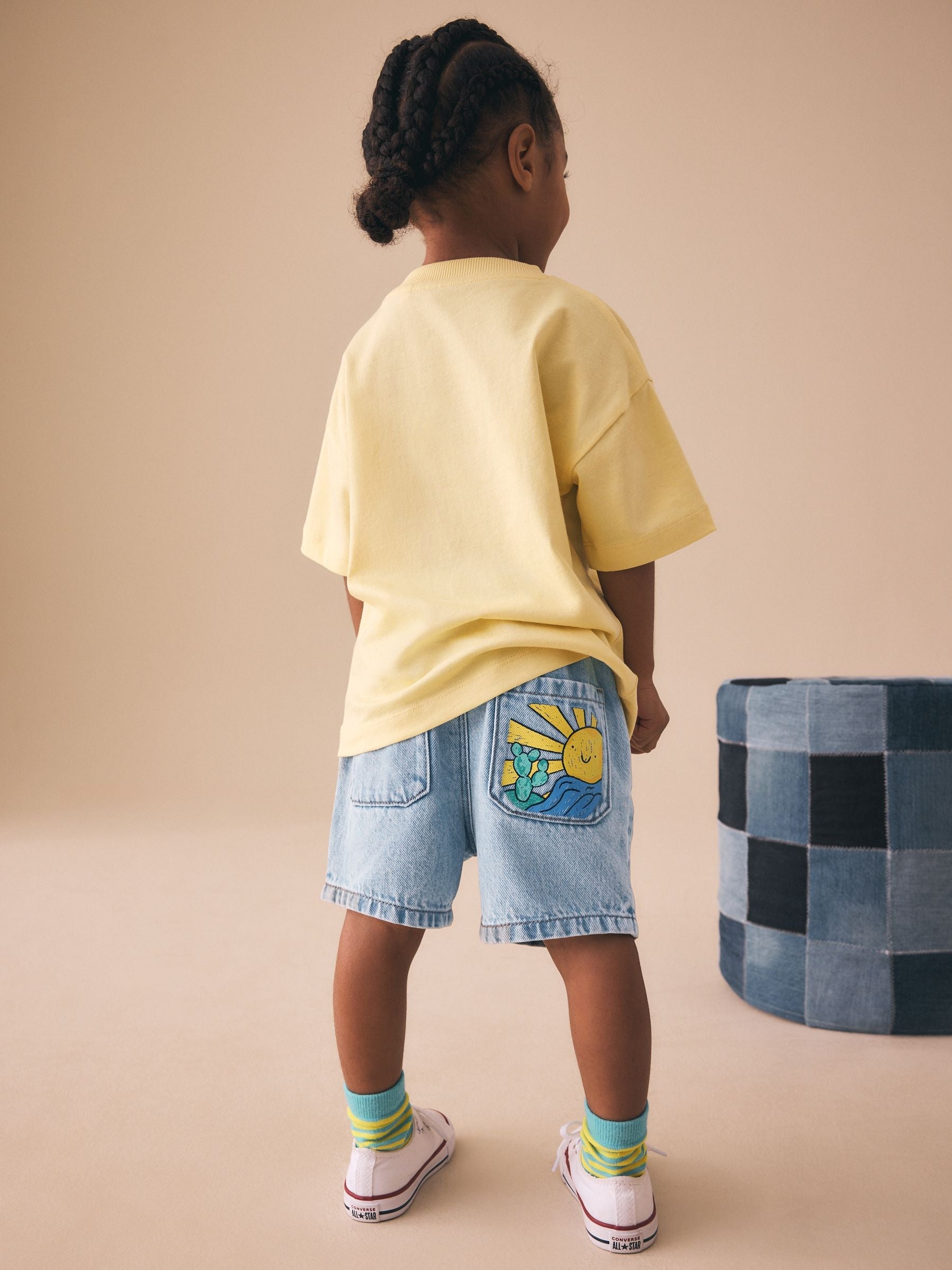 Light Blue Printed Pull On Loose Denim Shorts (3mths-7yrs)
