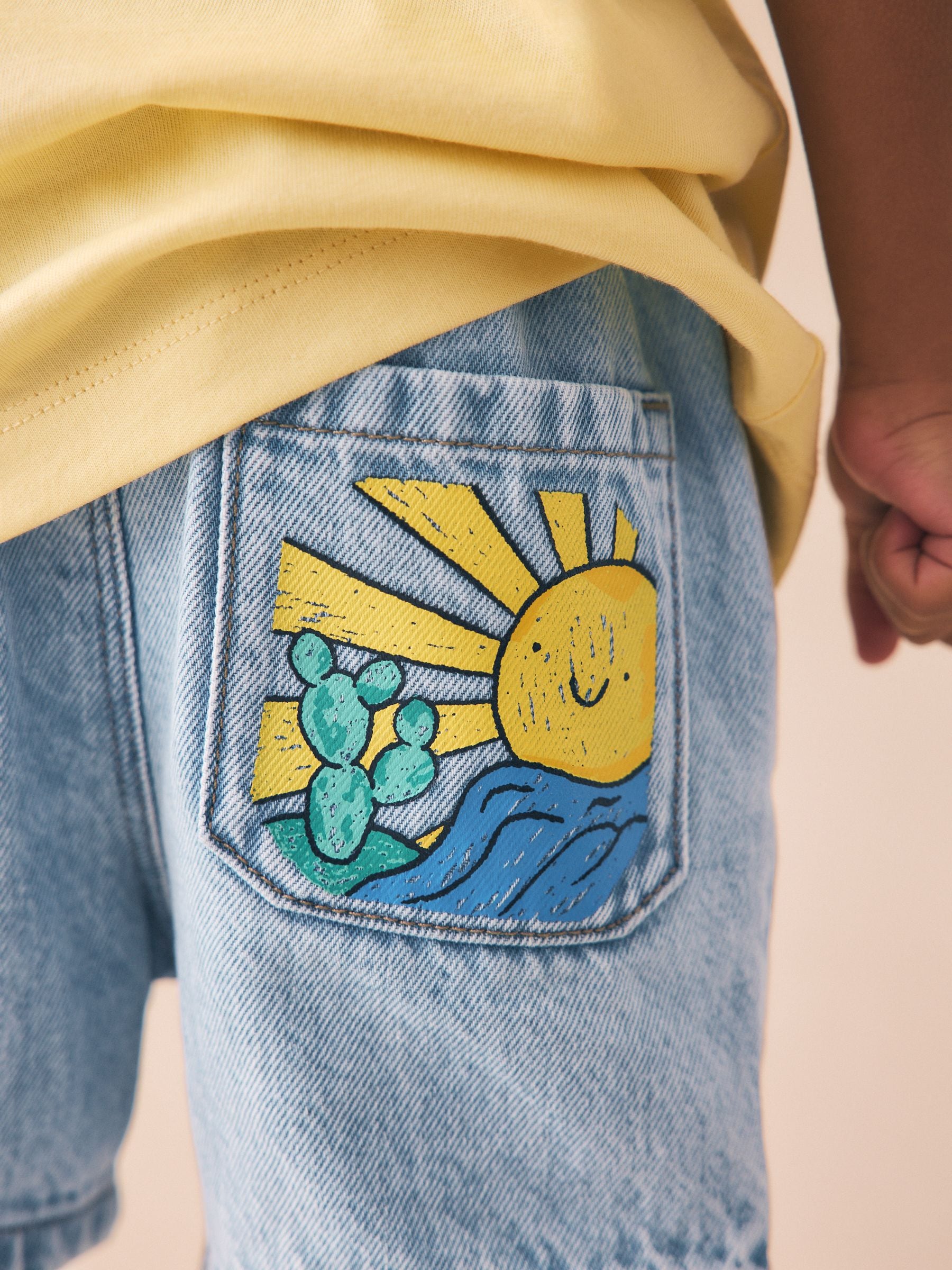 Light Blue Printed Pull On Loose Denim Shorts (3mths-7yrs)