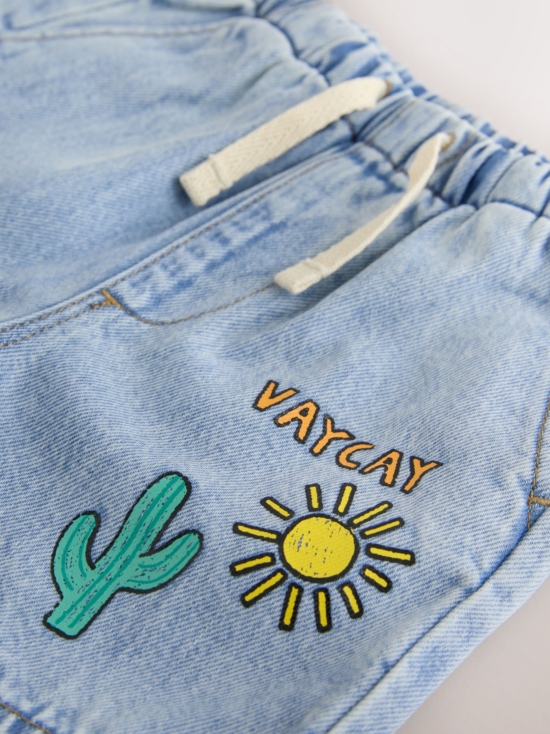Light Blue Printed Pull On Loose Denim Shorts (3mths-7yrs)