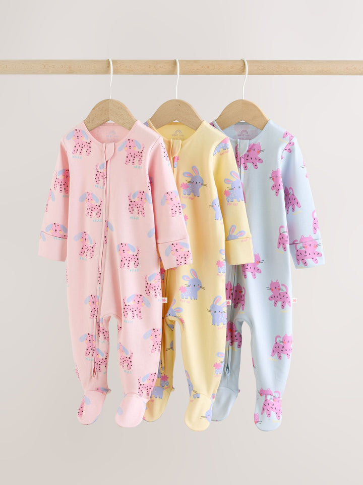 Pink/Yellow character Two Way Zip Baby Sleepsuits 3 Pack (0mths-2yrs)