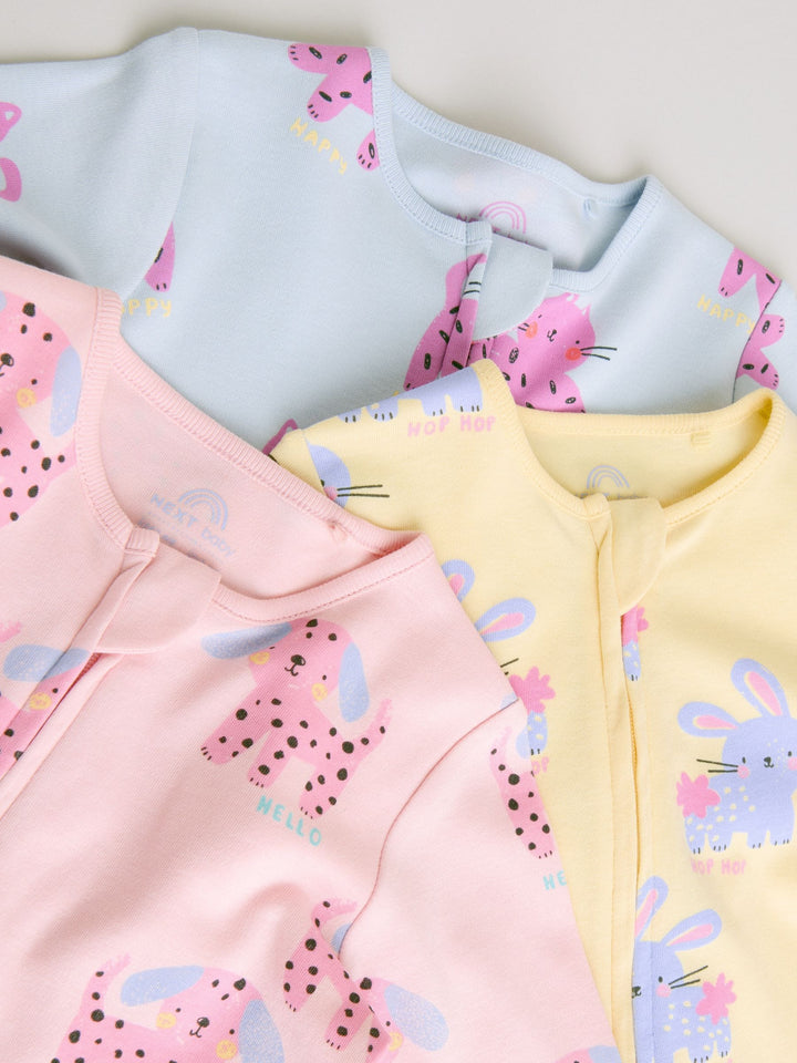 Pink/Yellow character Two Way Zip Baby Sleepsuits 3 Pack (0mths-2yrs)
