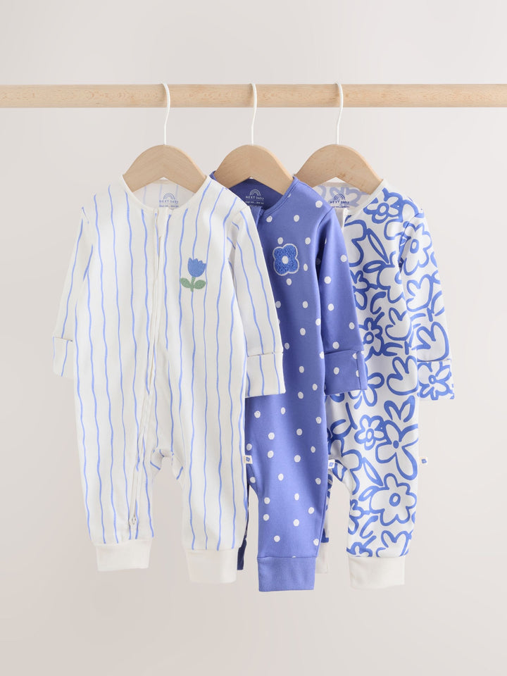 Blue Two Way Zip Baby Sleepsuits 3 Pack (0mths-3yrs)