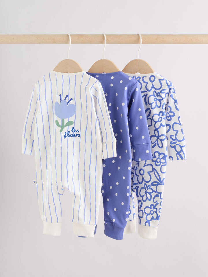 Blue Two Way Zip Baby Sleepsuits 3 Pack (0mths-3yrs)