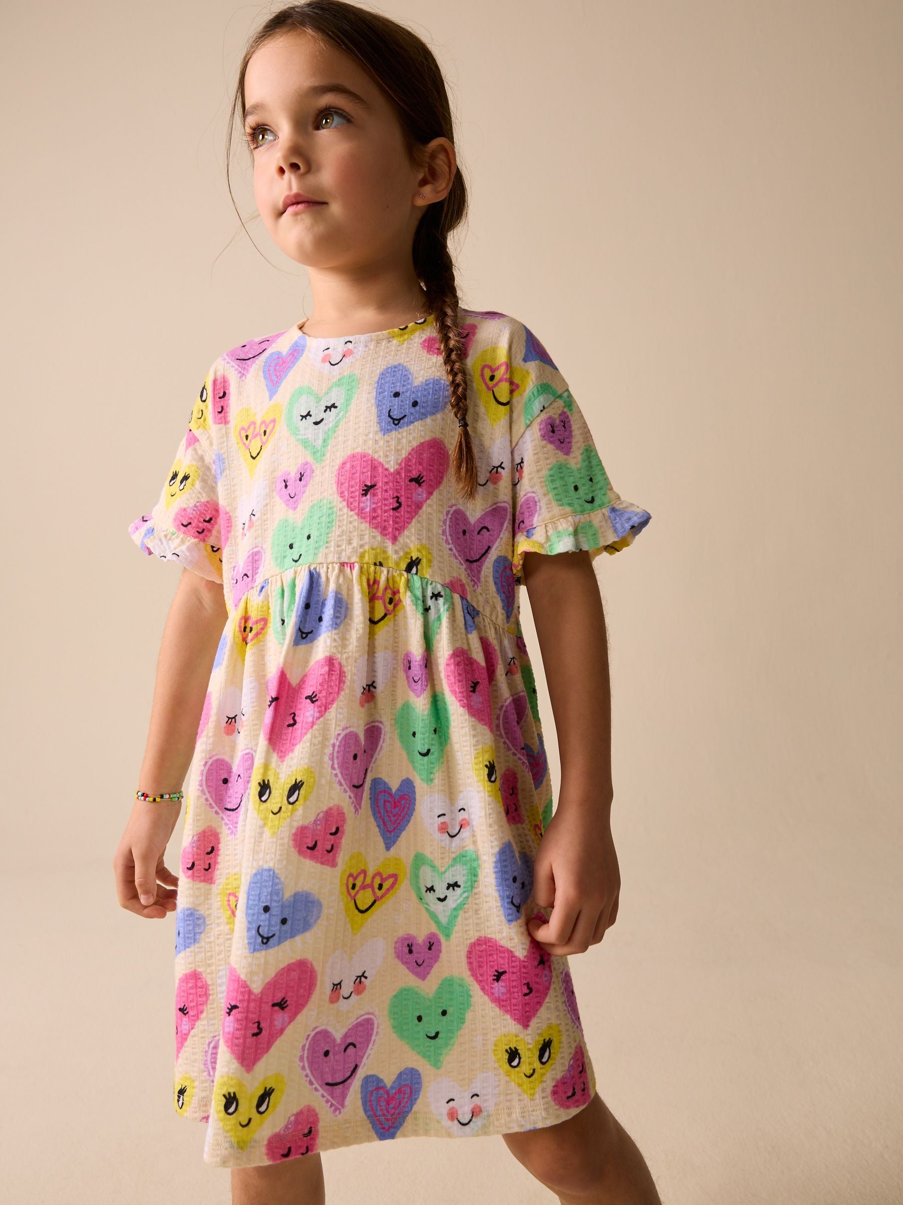 Light Yellow Heart Print Short Sleeve Jersey Dress (3-16yrs)