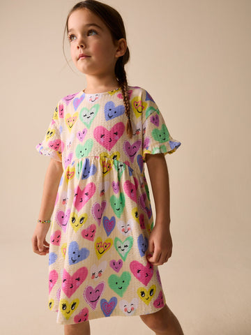 Light Yellow Heart Print Short Sleeve Jersey Dress (3-16yrs)