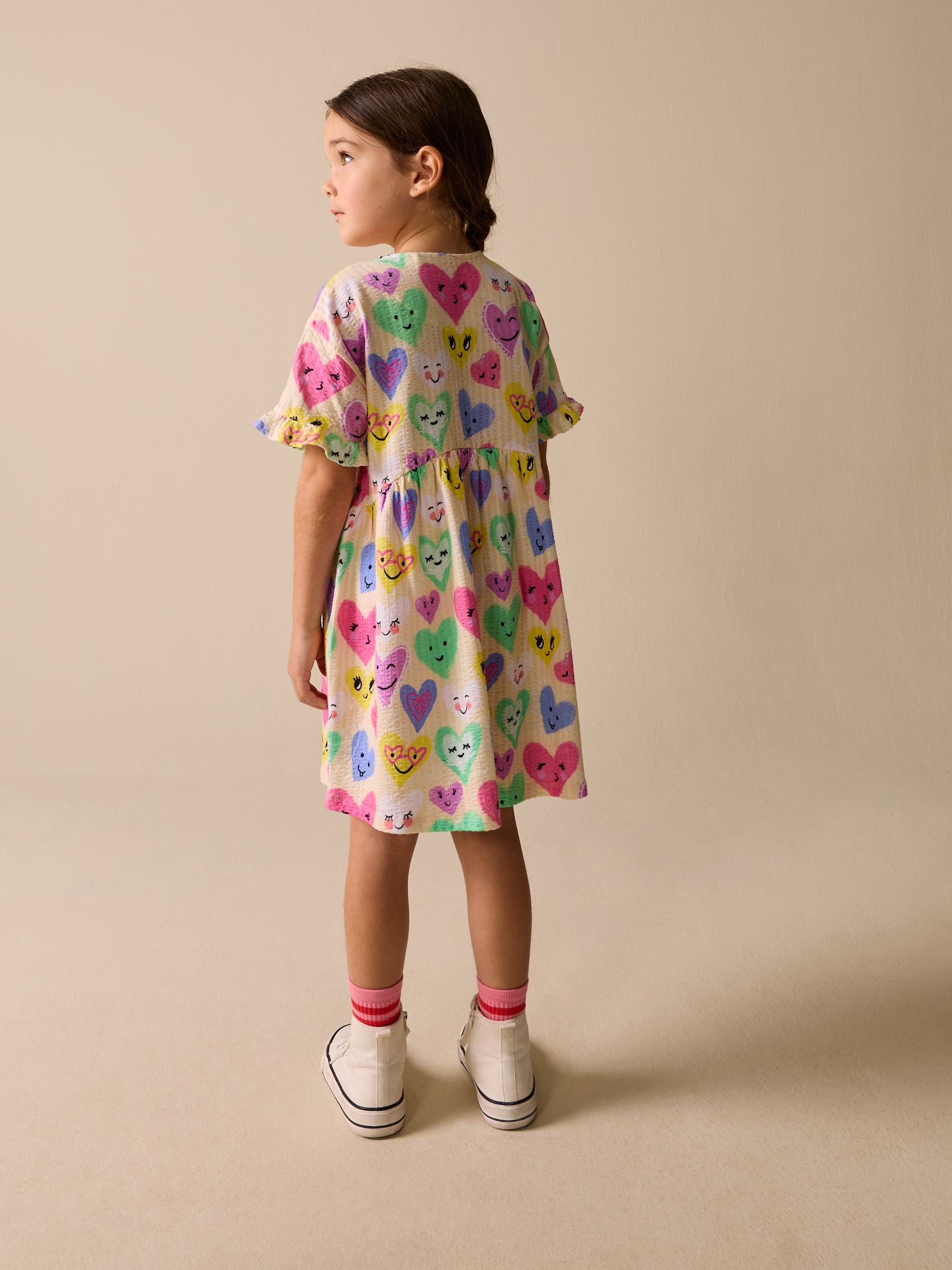 Light Yellow Heart Print Short Sleeve Jersey Dress (3-16yrs)