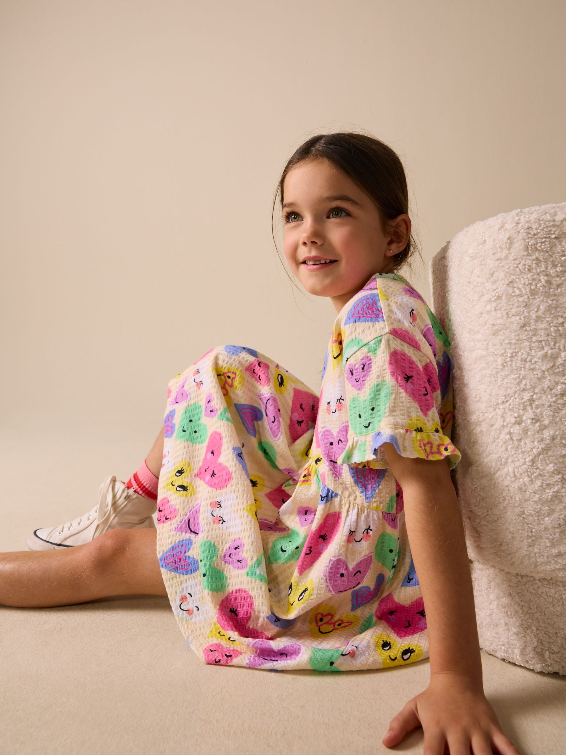 Light Yellow Heart Print Short Sleeve Jersey Dress (3-16yrs)