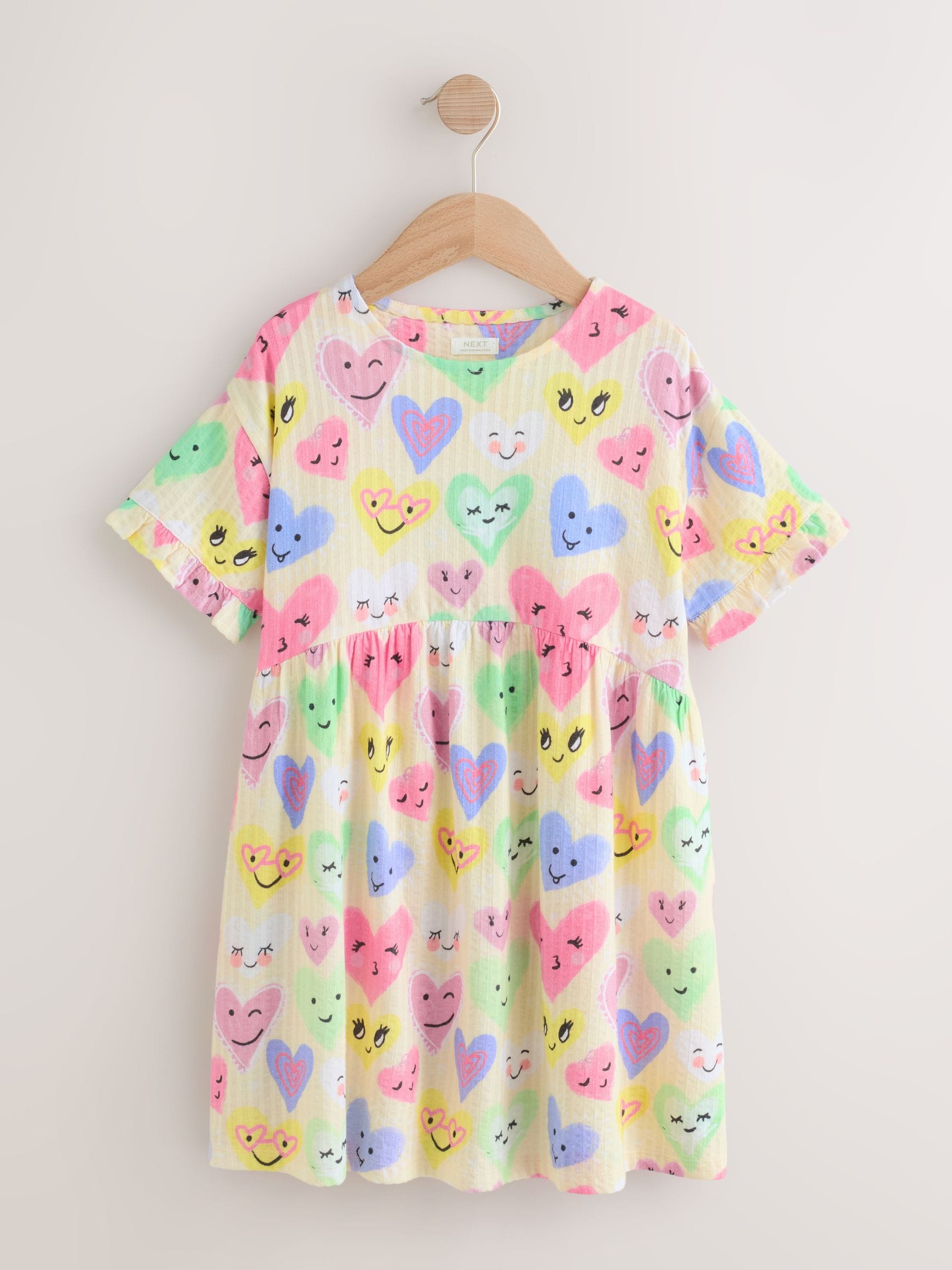 Light Yellow Heart Print Short Sleeve Jersey Dress (3-16yrs)