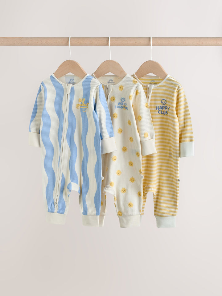 Yellow/Blue Sunshine Two Way Zip Baby Sleepsuits 3 Pack (0mths-3yrs)
