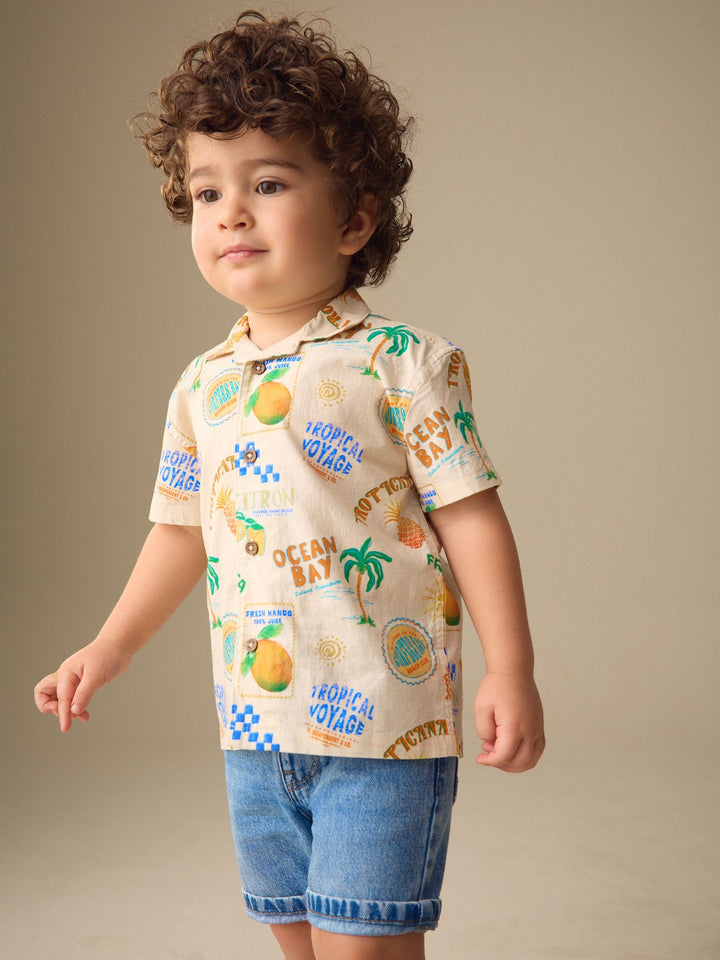 Ecru All Over Print Short Sleeve Revere Collar Printed Shirt (3mths-7yrs)