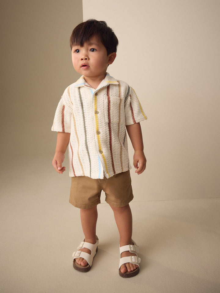 Ecru Striped Short Sleeve Revere Collar Textured Shirt (3mths-7yrs)