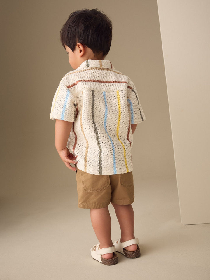Ecru Striped Short Sleeve Revere Collar Textured Shirt (3mths-7yrs)