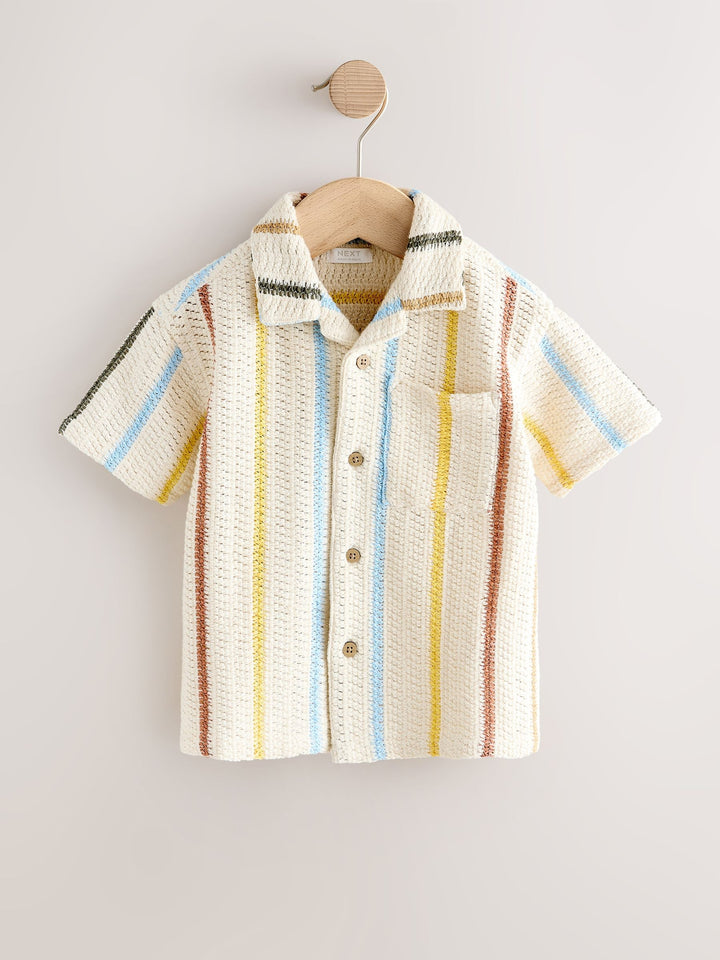 Ecru Striped Short Sleeve Revere Collar Textured Shirt (3mths-7yrs)