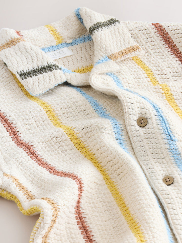 Ecru Striped Short Sleeve Revere Collar Textured Shirt (3mths-7yrs)