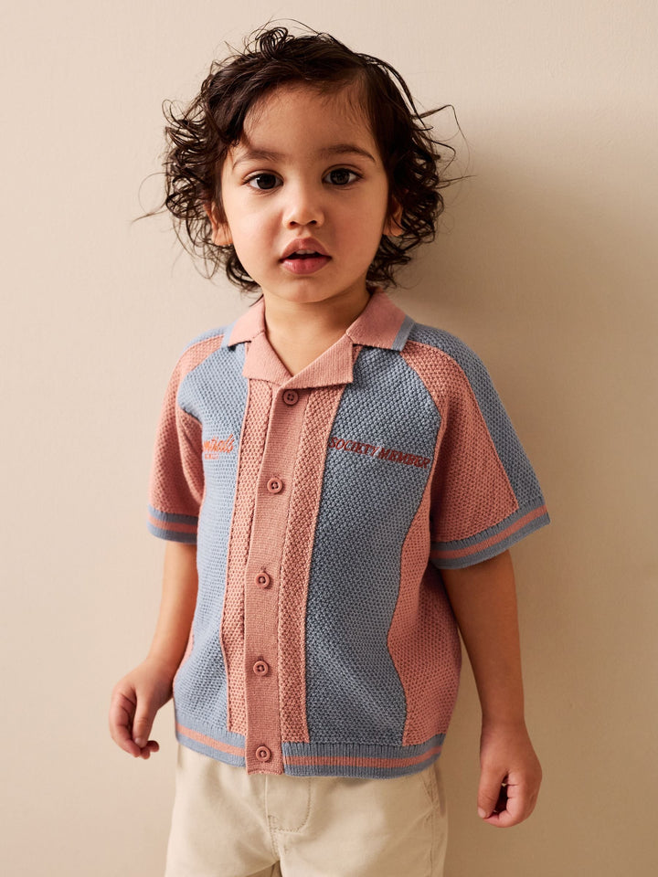 Blue/Orange Knitted Revere Collar Polo Shirt (3mths-7yrs)