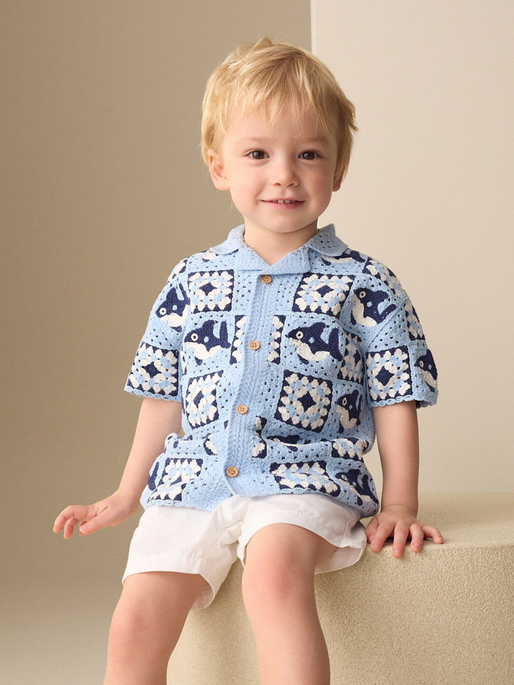 Blue Shark Crochet Knitted Short Sleeve Shirt (12mths-10yrs)