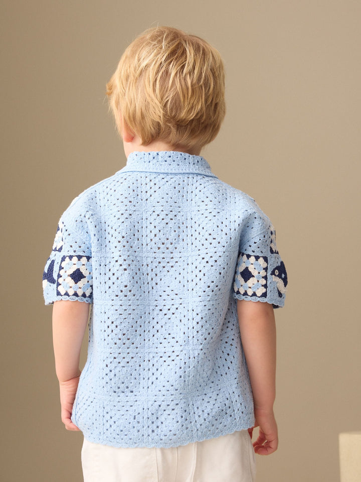 Blue Shark Crochet Knitted Short Sleeve Shirt (12mths-10yrs)