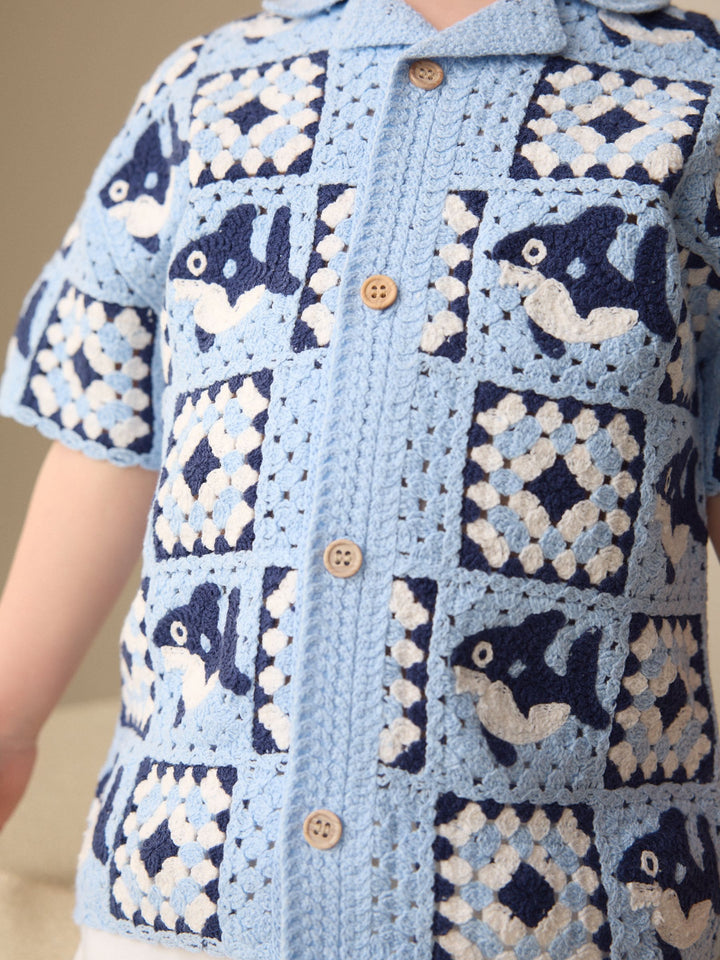 Blue Shark Crochet Knitted Short Sleeve Shirt (12mths-10yrs)