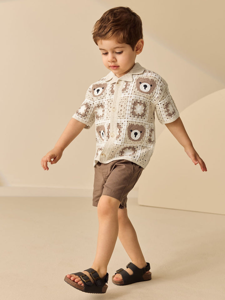Neutral Bear Crochet Knitted Short Sleeve Shirt (12mths-10yrs)