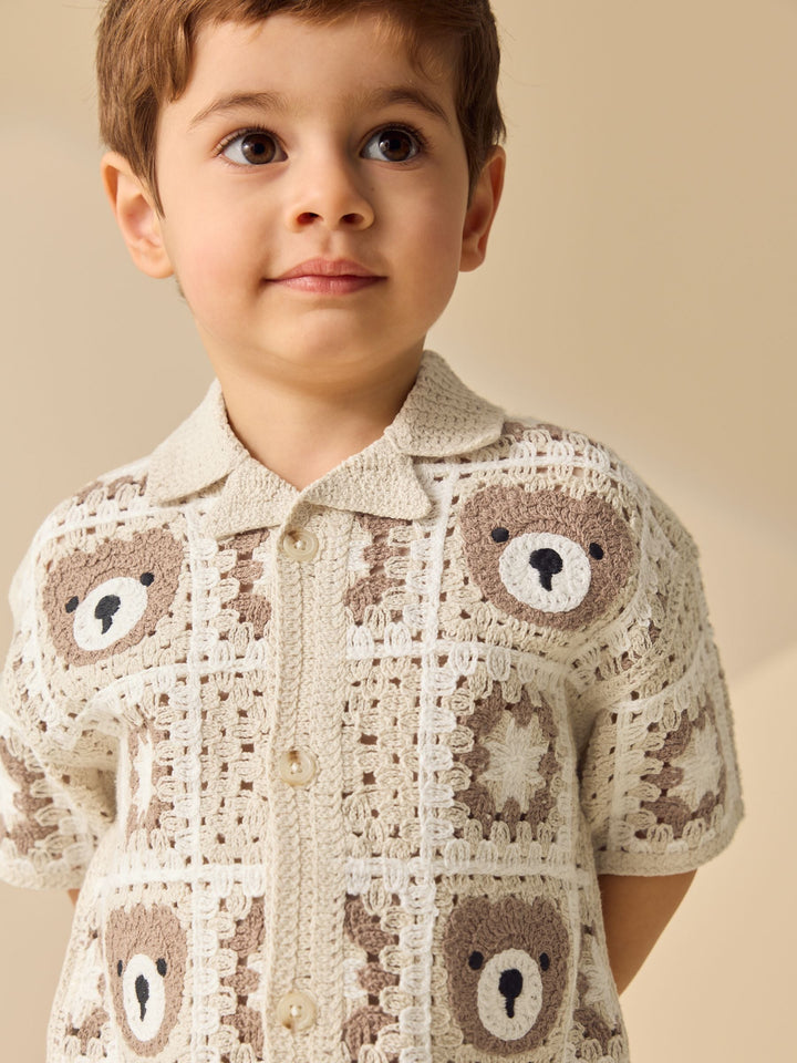 Neutral Bear Crochet Knitted Short Sleeve Shirt (12mths-10yrs)