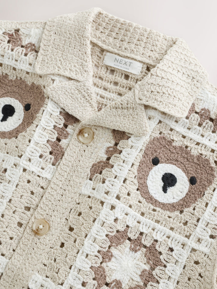 Neutral Bear Crochet Knitted Short Sleeve Shirt (12mths-10yrs)
