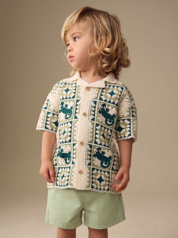 Green Lizard Crochet Knitted Short Sleeve Shirt (12mths-10yrs)