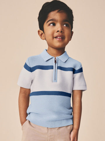 Blue Colourblock Knitted Zip Neck Polo Shirt (3mths-7yrs)