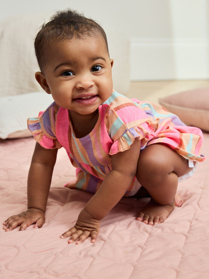 White Floral/ Pink Stripe Baby Short Sleeve Dresse 2 Pack (0mths-3yrs)