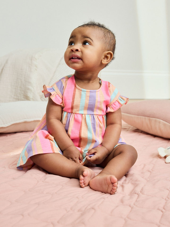 White Floral/ Pink Stripe Baby Short Sleeve Dresse 2 Pack (0mths-3yrs)
