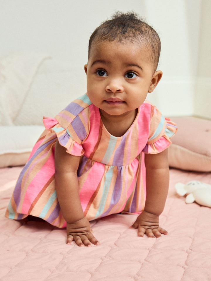 White Floral/ Pink Stripe Baby Short Sleeve Dresse 2 Pack (0mths-3yrs)