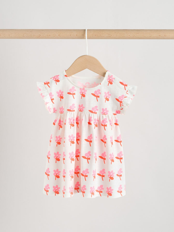 White Floral/ Pink Stripe Baby Short Sleeve Dresse 2 Pack (0mths-3yrs)