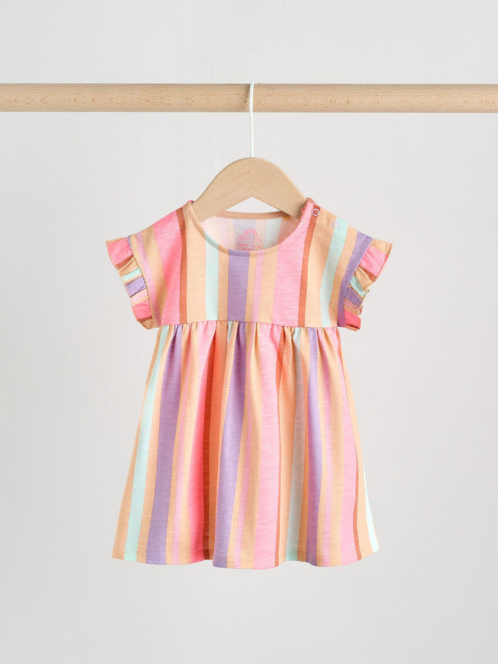 White Floral/ Pink Stripe Baby Short Sleeve Dresse 2 Pack (0mths-3yrs)