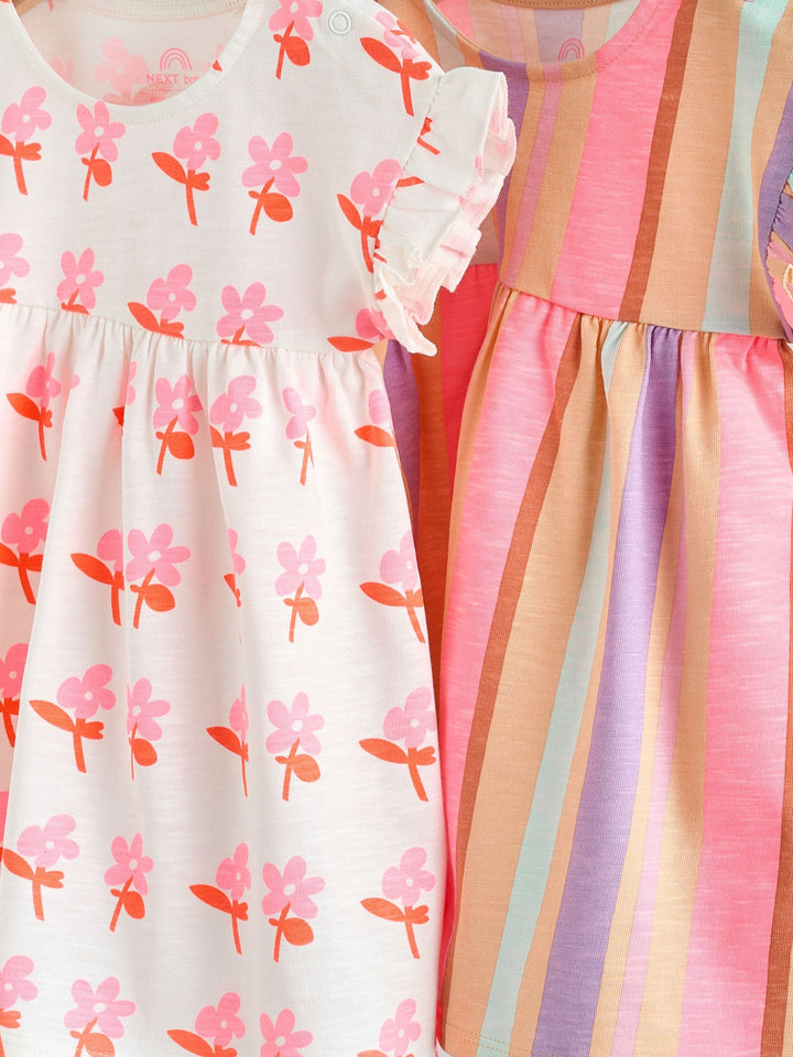 White Floral/ Pink Stripe Baby Short Sleeve Dresse 2 Pack (0mths-3yrs)