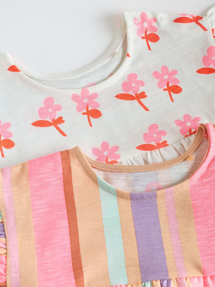 White Floral/ Pink Stripe Baby Short Sleeve Dresse 2 Pack (0mths-3yrs)