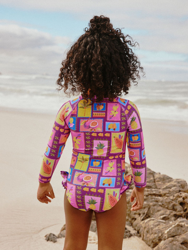 Purple/Orange Tropical Sunsafe Long Sleeve Swimsuit (3mths-7yrs)