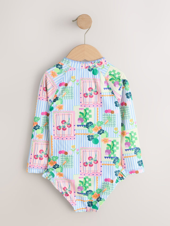 Blue Stripe Vegetable Print Sunsafe Long Sleeve Swimsuit (9 Months - 10 Years)