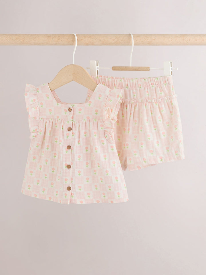 Ecru Pink Floral Woven Baby Top and Shorts Set 2 Piece (0mths-2yrs)