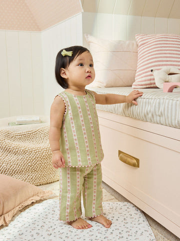 Green Floral Stripe Baby Woven Top and Trousers Set 2 Piece (0mths-2yrs)