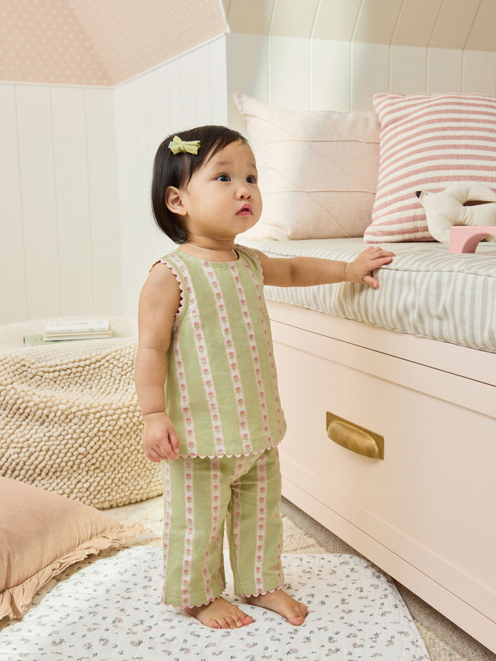 Green Floral Stripe Baby Woven Top and Trousers Set 2 Piece (0mths-2yrs)