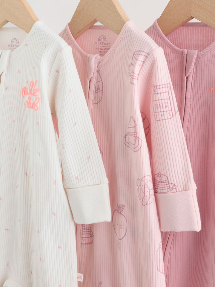 Pink Two Way Zip Baby Sleepsuits 3 Pack (0mths-3yrs)