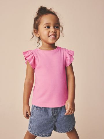 Bright Pink Frill Shoulder Ribbed Vest (3mths-7yrs)